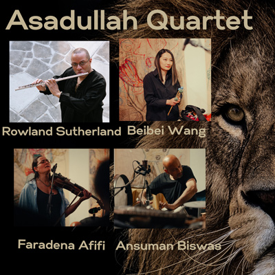 Asadullah Quartet featuring four musicians playing instruments with a lion background showcasing the harmony of their sounds and the number 2 through collaboration and unity in music